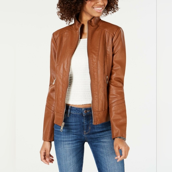 Guess Jackets & Blazers - NWT Guess Women's Faux Leather Moto Jacket in Cognac Brown Size XL